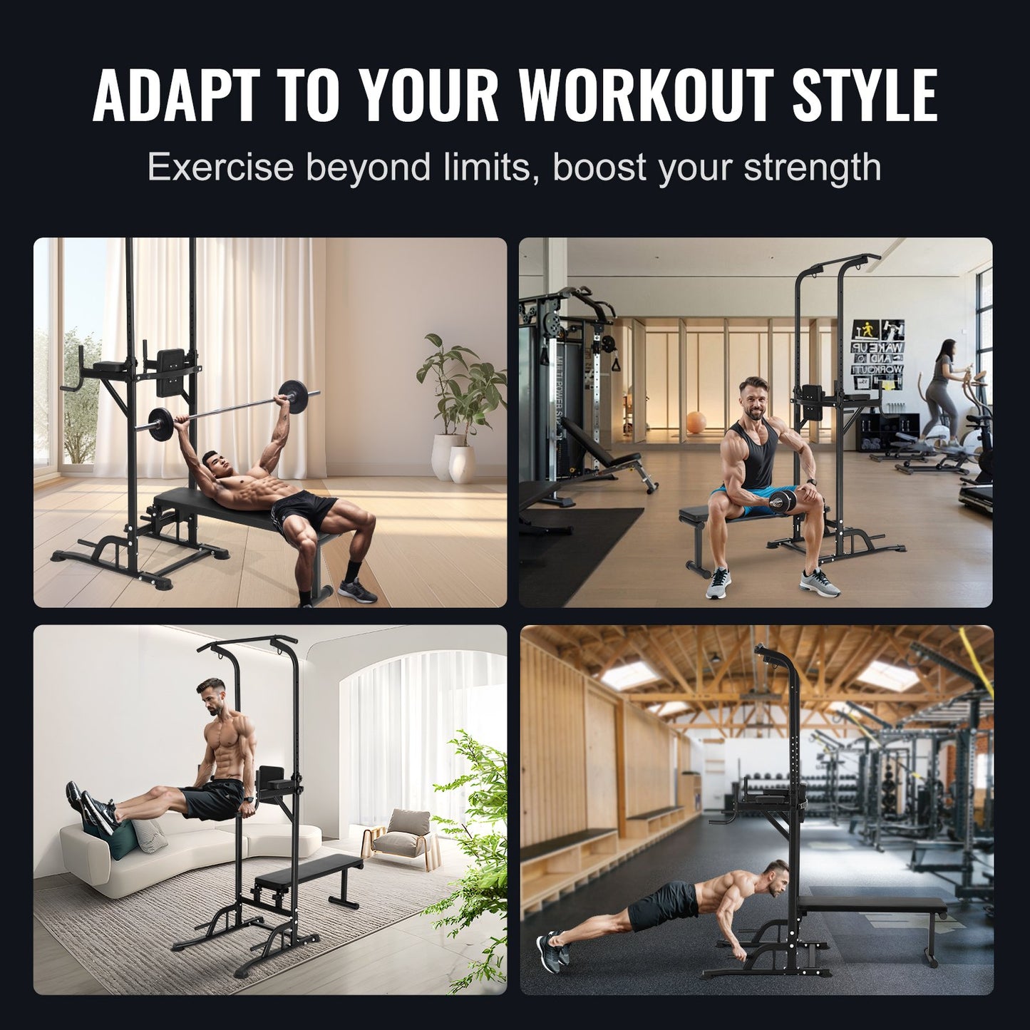 VEVOR Power Tower with Bench, 10-Level Height Adjustable Pull Up Bar Stand Dip Station