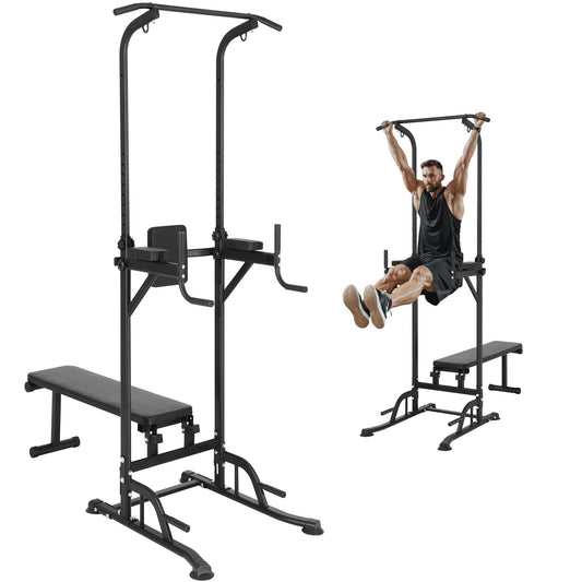 VEVOR Power Tower with Bench, 10-Level Height Adjustable Pull Up Bar Stand Dip Station