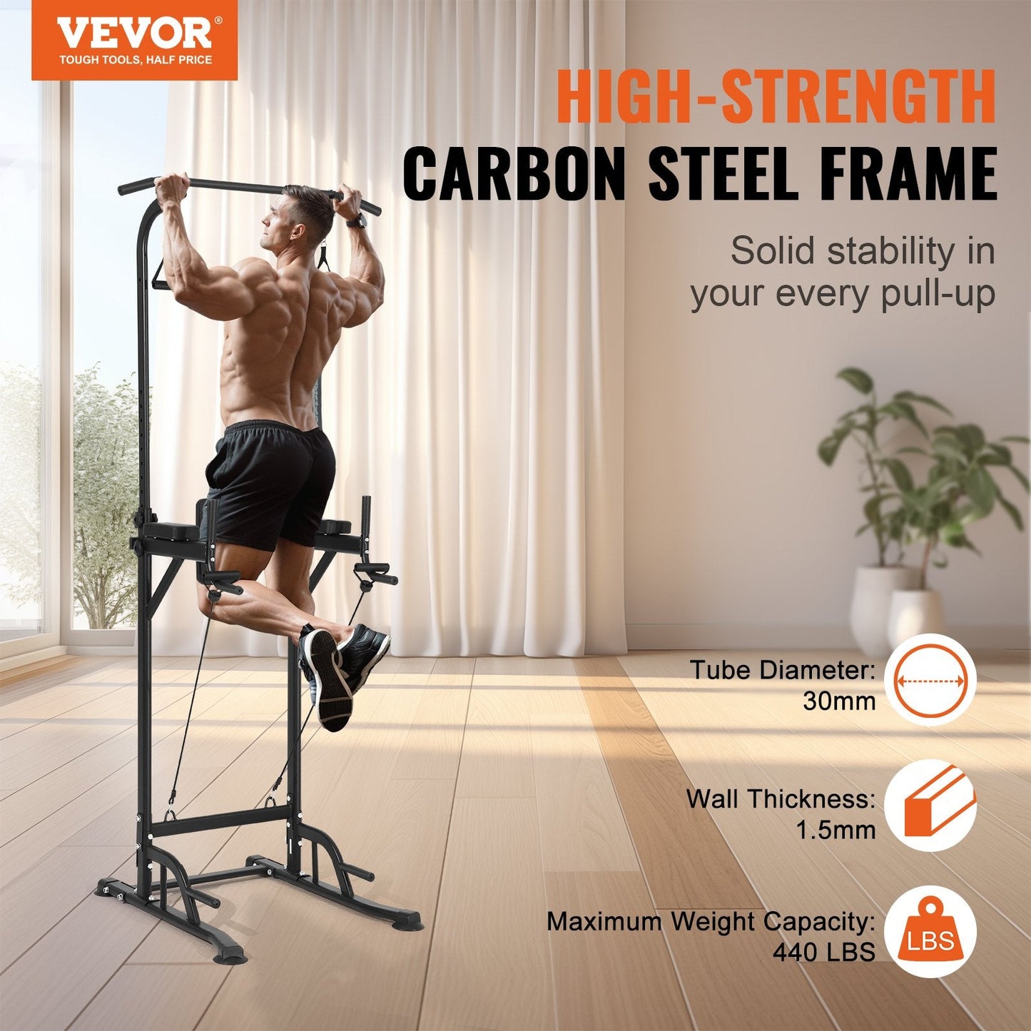 Adjustable Power Tower Dip Station with Pull-Up Bar and Backrest, 200 Kg Capacity