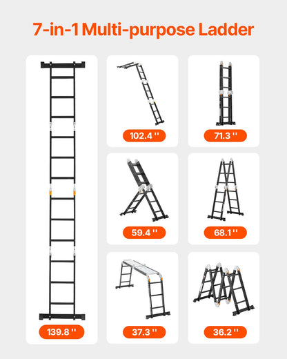 VEVOR Multi-Purpose Folding Ladder 7-in-1 3 Step 12ft with Scaffolding Plank