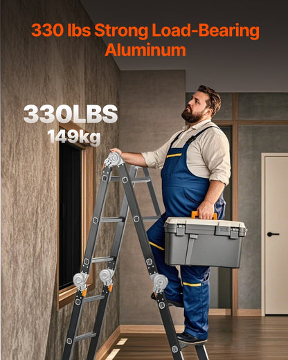 VEVOR Multi-Purpose Folding Ladder 7-in-1 3 Step 12ft with Scaffolding Plank