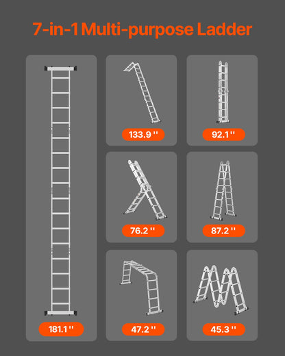 VEVOR Multi-Purpose Folding Ladder 7-in-1 4 Step 15.5ft Reach Height for Work