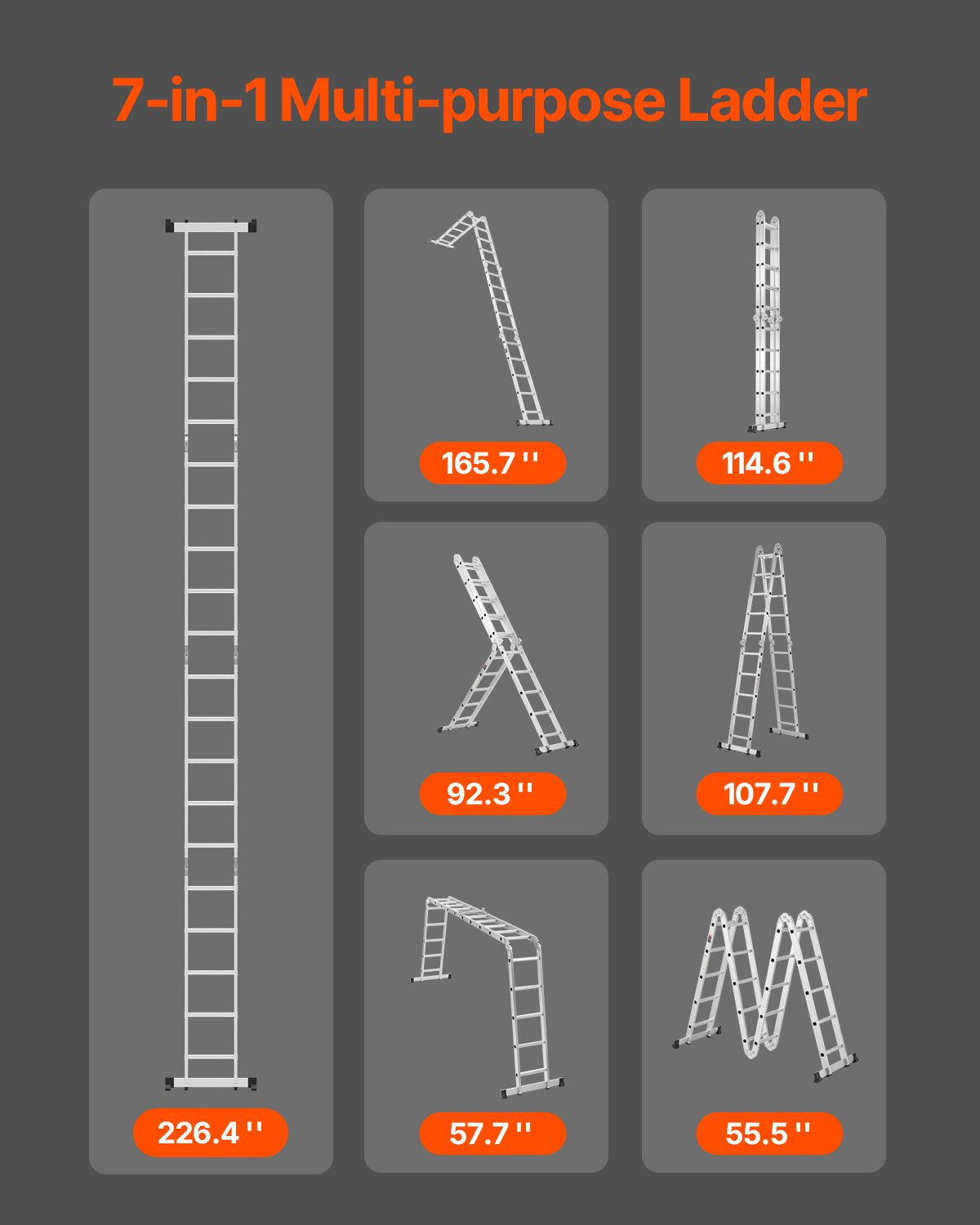 VEVOR Multi-Purpose Folding Ladder 7-in-1 5 Step 19ft Reach Height Metal