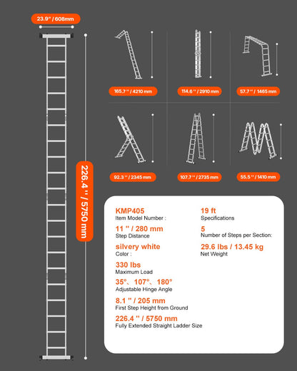 VEVOR Multi-Purpose Folding Ladder 7-in-1 5 Step 19ft Reach Height Metal
