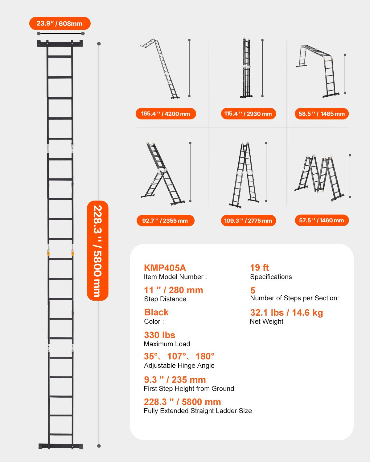 VEVOR Multi-Purpose Folding Ladder 7-in-1 5 Step 19ft Reach Height for Work