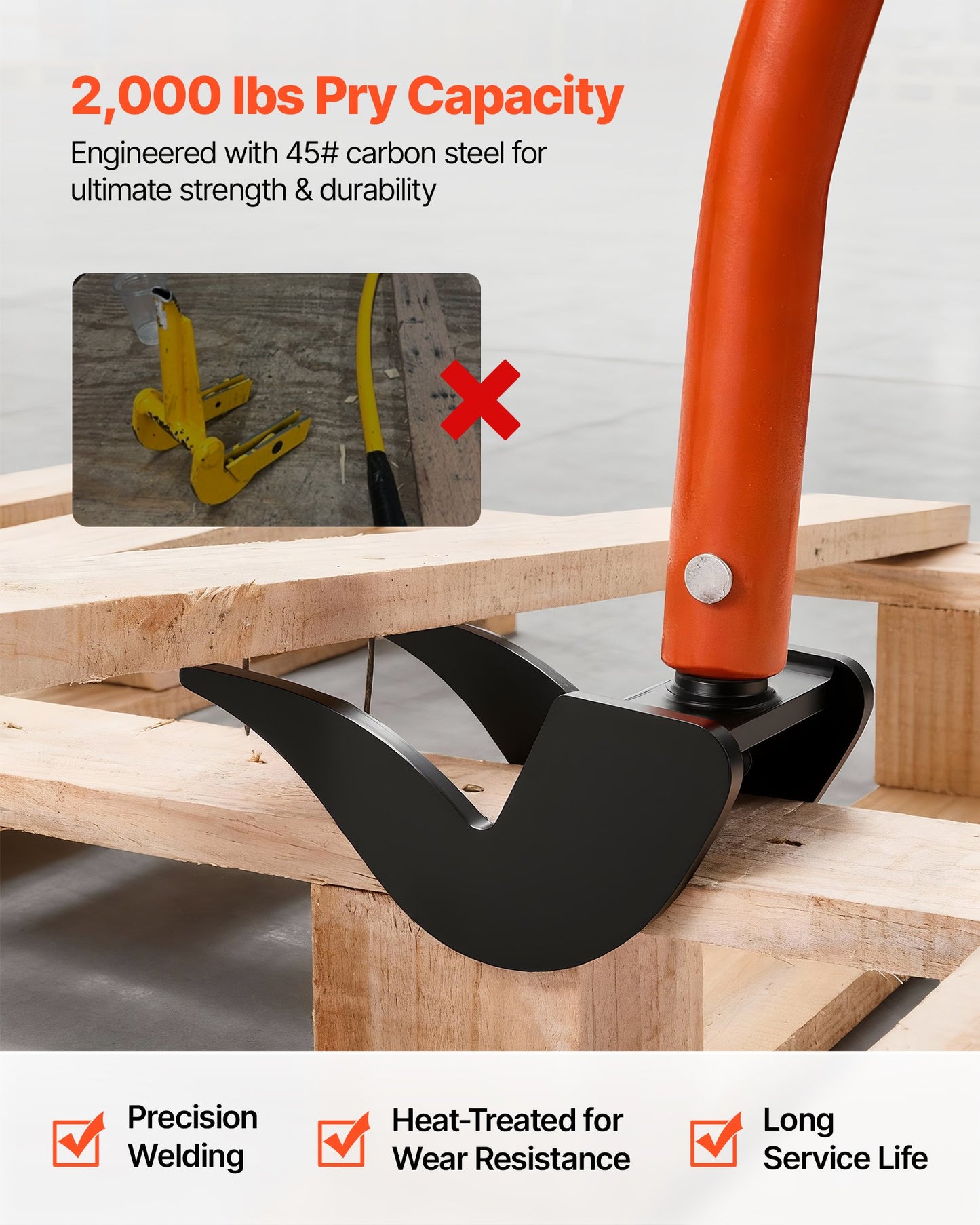 Pallet Buster Tool, 1.27 m Carbon Steel Handle Wrecking Pry Bar, 907 kg Weight Capacity, Heavy Duty Deck Board Removal Tool, Breaker Bar for Flooring, Framing, Roofing, Trim, Drywall
