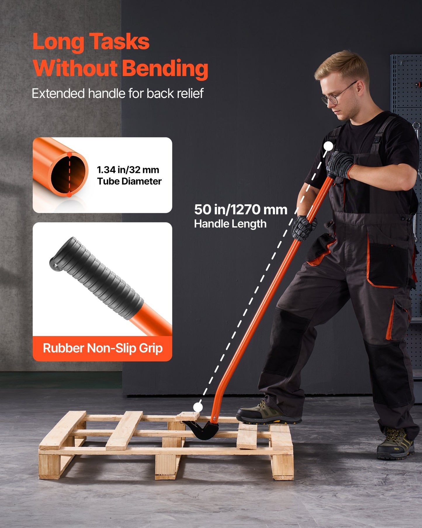 Pallet Buster Tool, 1.27 m Carbon Steel Handle Wrecking Pry Bar, 907 kg Weight Capacity, Heavy Duty Deck Board Removal Tool, Breaker Bar for Flooring, Framing, Roofing, Trim, Drywall