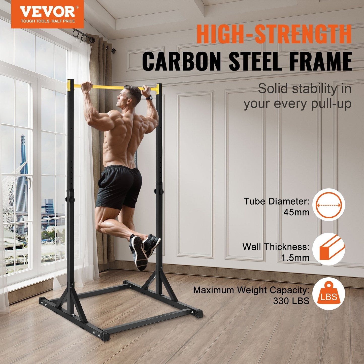 Adjustable Power Tower for Home Gym, Supports 150kg, Black/Yellow