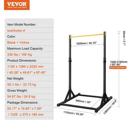 VEVOR Power Tower Dip Station, 8-Level Height Adjustable Pull Up Bar Stand, Multi-Function