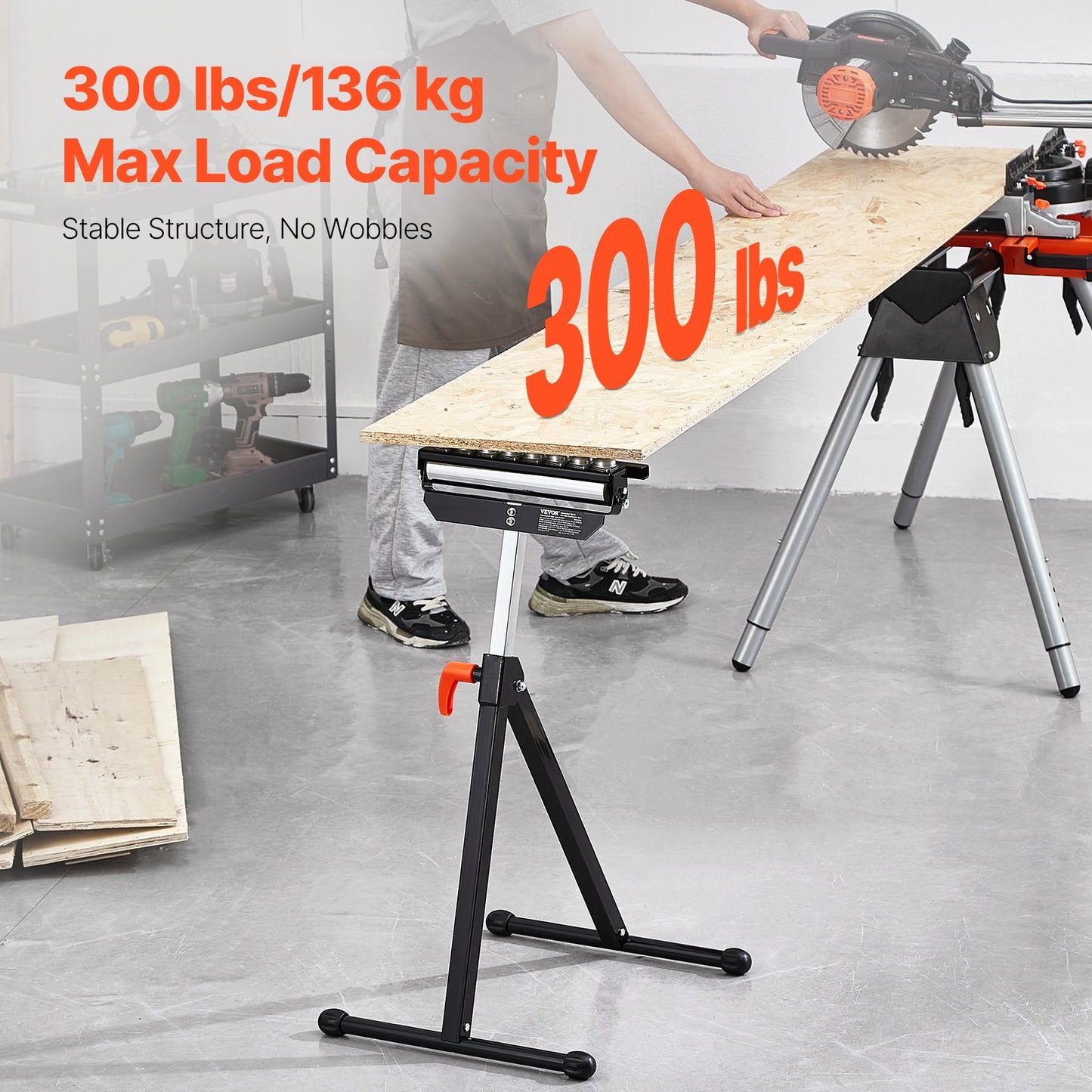 Roller Stand, 136 kg Load Capacity, 680-1079.5 mm Adjustable Height, Folding Heavy Duty with Polished Multi-directional Roller Head, for Table Saw Outfeed Woodworking Extension Support
