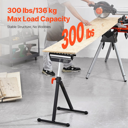 Roller Stand, 136 kg Load Capacity, 680-1079.5 mm Adjustable Height, Folding Heavy Duty with Polished Multi-directional Roller Head, for Table Saw Outfeed Woodworking Extension Support