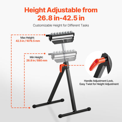 Roller Stand, 136 kg Load Capacity, 680-1079.5 mm Adjustable Height, Folding Heavy Duty with Polished Multi-directional Roller Head, for Table Saw Outfeed Woodworking Extension Support