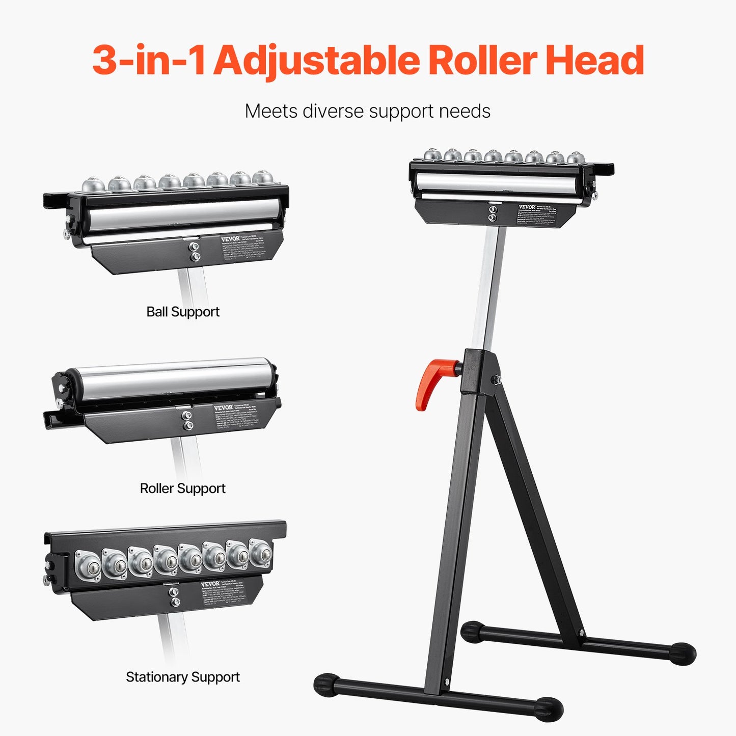 Roller Stand, 136 kg Load Capacity, 680-1079.5 mm Adjustable Height, Folding Heavy Duty with Polished Multi-directional Roller Head, for Table Saw Outfeed Woodworking Extension Support