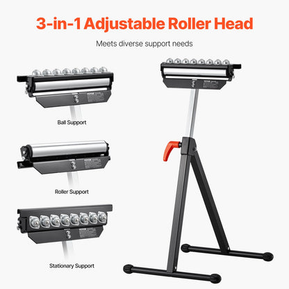 Roller Stand, 136 kg Load Capacity, 680-1079.5 mm Adjustable Height, Folding Heavy Duty with Polished Multi-directional Roller Head, for Table Saw Outfeed Woodworking Extension Support