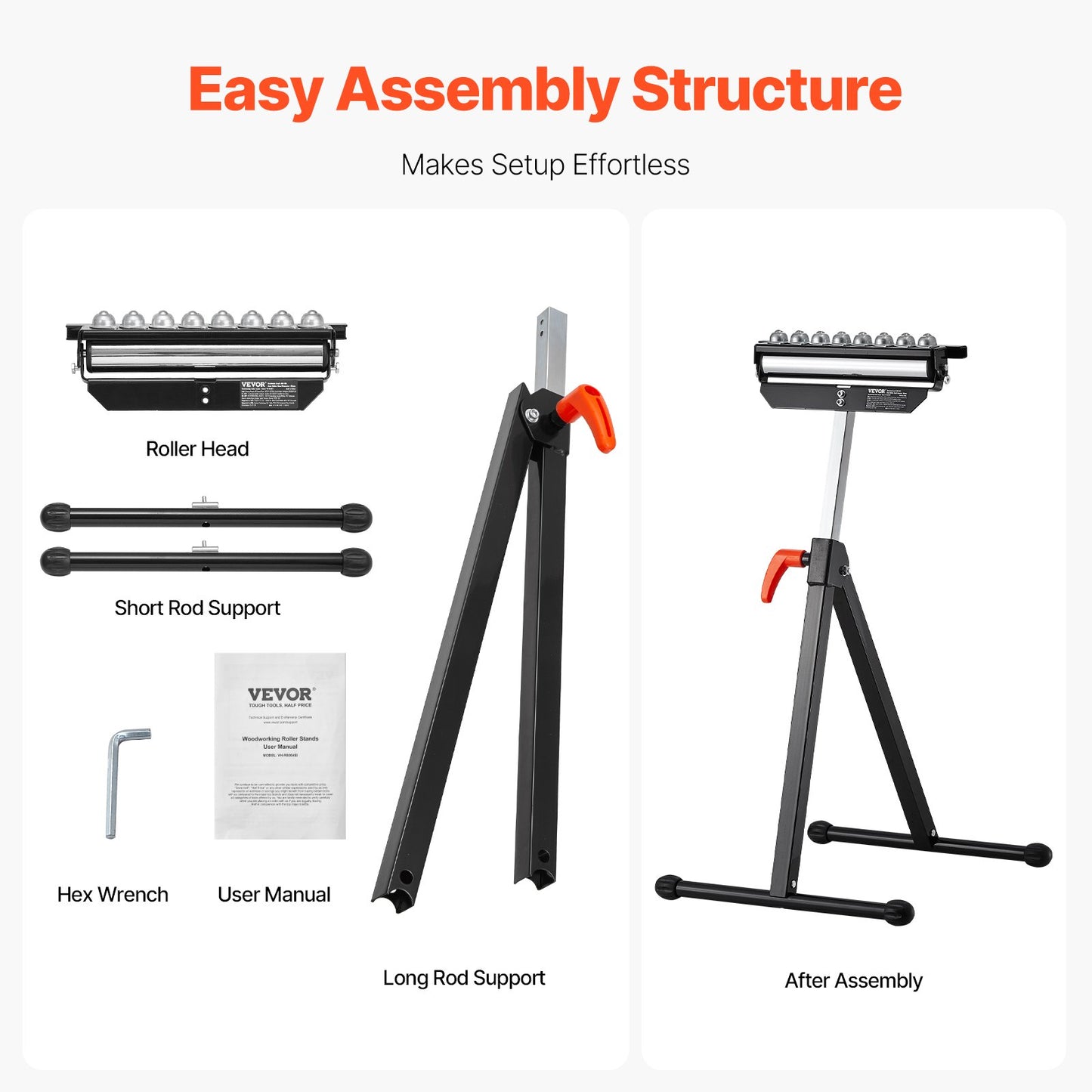 Roller Stand, 136 kg Load Capacity, 680-1079.5 mm Adjustable Height, Folding Heavy Duty with Polished Multi-directional Roller Head, for Table Saw Outfeed Woodworking Extension Support