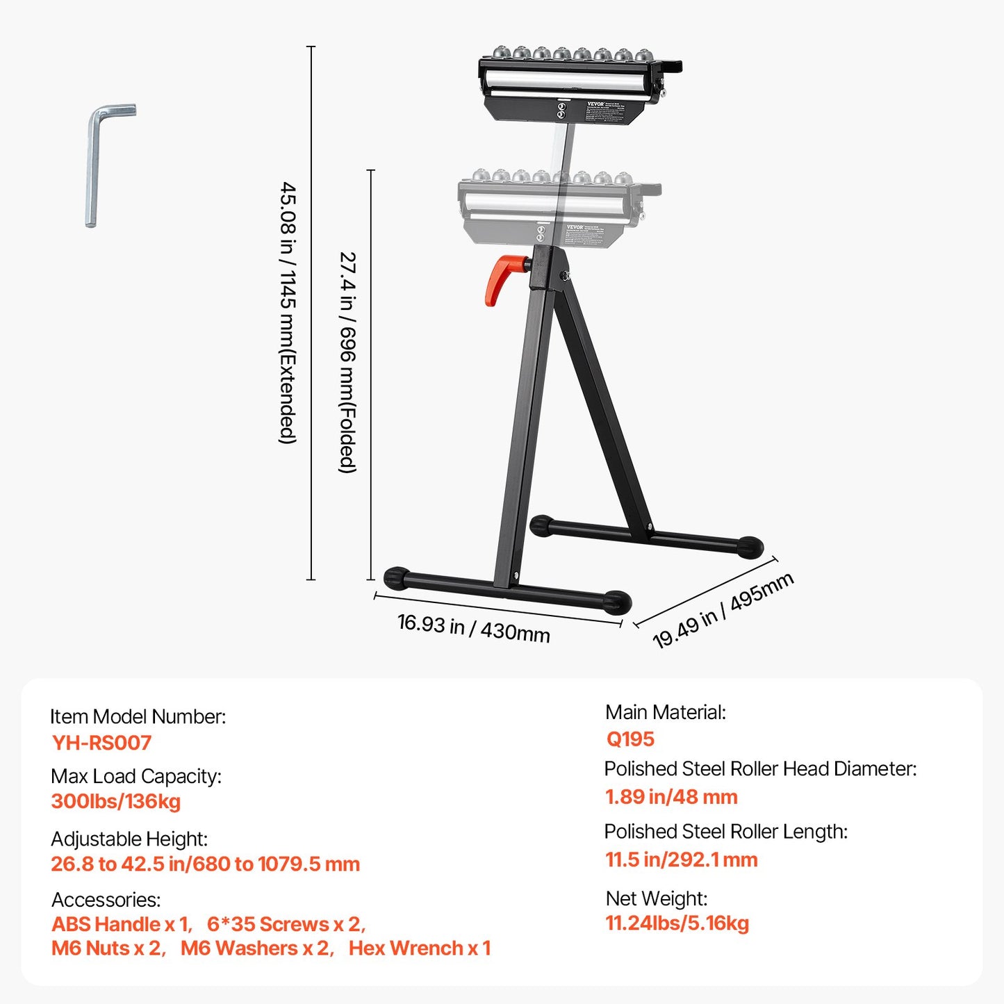 Roller Stand, 136 kg Load Capacity, 680-1079.5 mm Adjustable Height, Folding Heavy Duty with Polished Multi-directional Roller Head, for Table Saw Outfeed Woodworking Extension Support