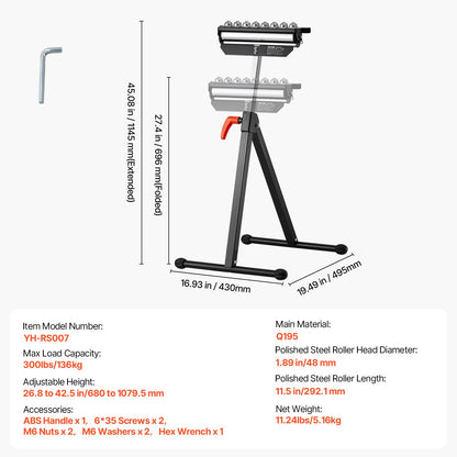 Roller Stand, 136 kg Load Capacity, 680-1079.5 mm Adjustable Height, Folding Heavy Duty with Polished Multi-directional Roller Head, for Table Saw Outfeed Woodworking Extension Support