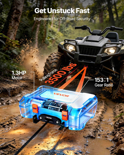 Portable Winch, 1587 kg 12V DC Electric Winch with Synthetic Rope, Wireless & Wired Remotes, Box-Style Recovery Kit with Fairlead, Clevis Hook, Strap for ATV UTV Off-Road Outdoor Pulling Tasks