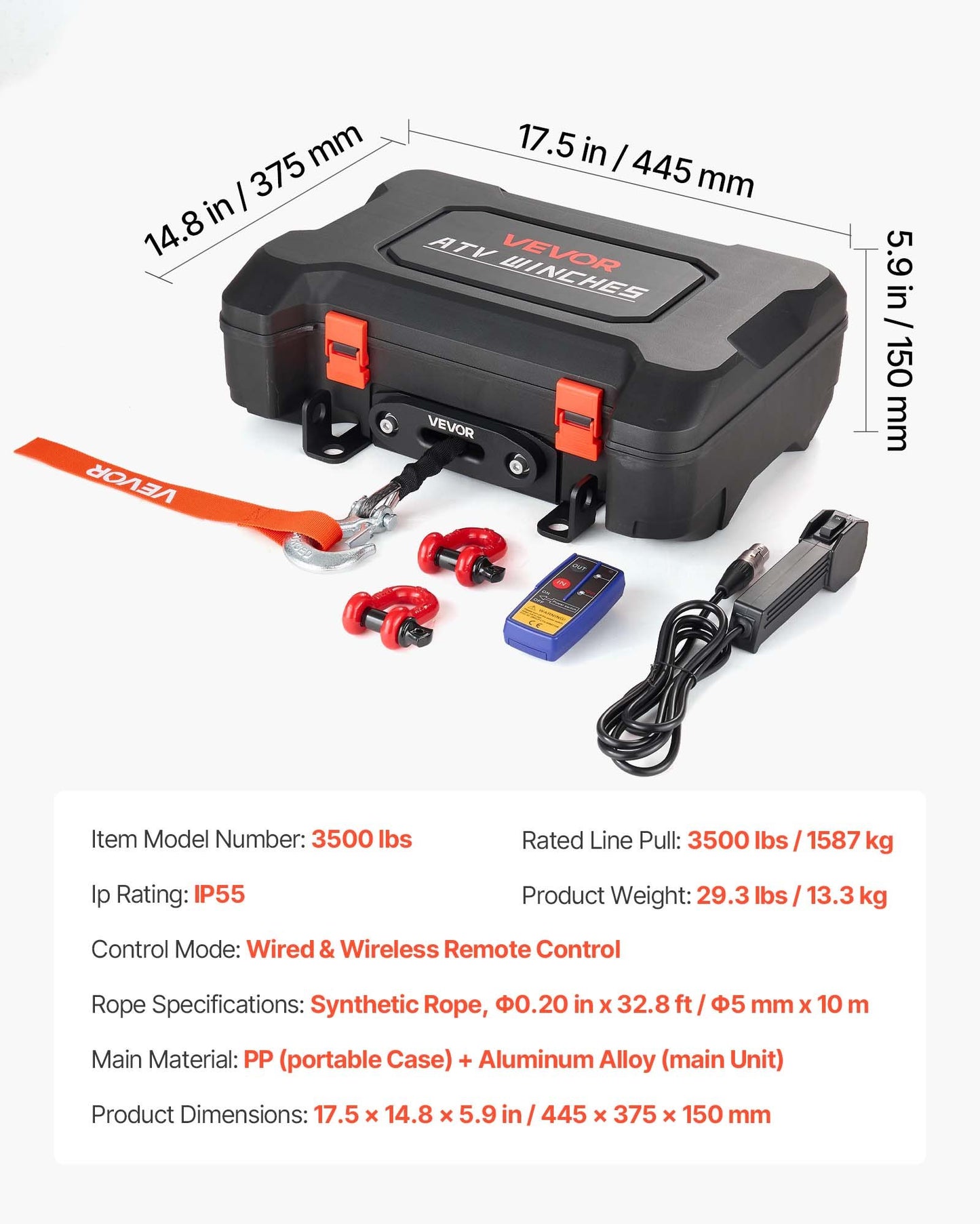 Portable Winch, 1587 kg 12V DC Electric Winch with Synthetic Rope, Wireless & Wired Remotes, Box-Style Recovery Kit with Fairlead, Clevis Hook, Strap for ATV UTV Off-Road Outdoor Pulling Tasks