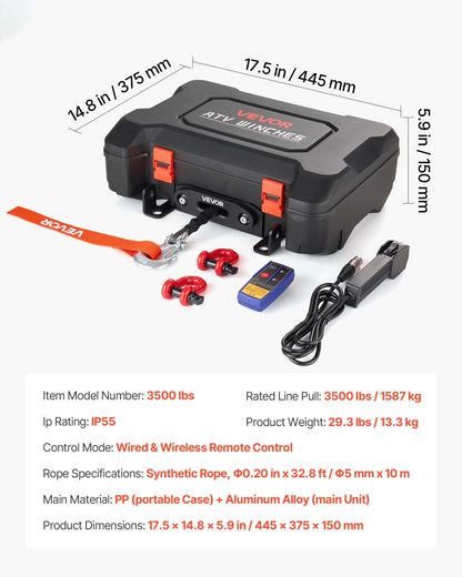 Portable Winch, 1587 kg 12V DC Electric Winch with Synthetic Rope, Wireless & Wired Remotes, Box-Style Recovery Kit with Fairlead, Clevis Hook, Strap for ATV UTV Off-Road Outdoor Pulling Tasks