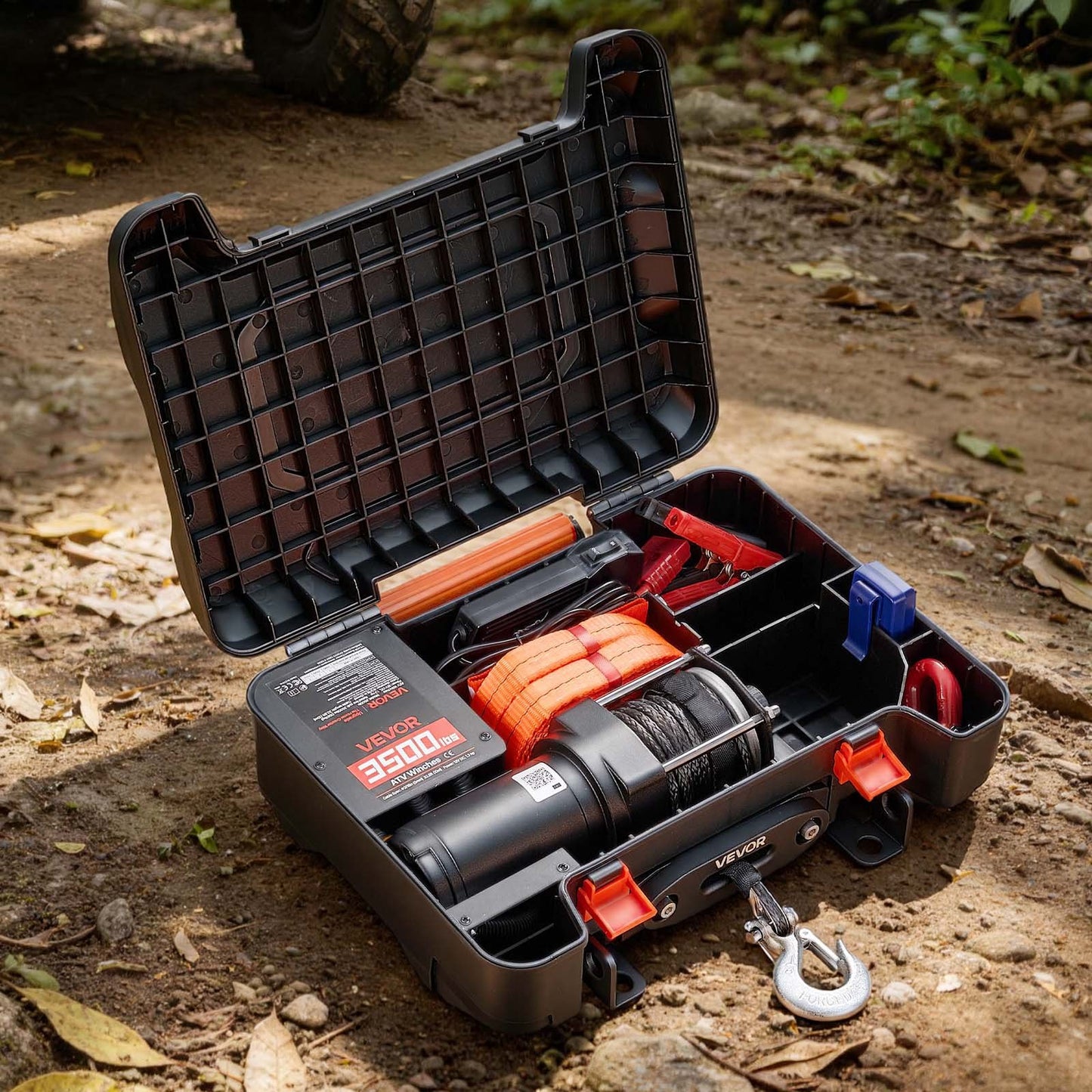 Portable Winch, 1587 kg 12V DC Electric Winch with Synthetic Rope, Wireless & Wired Remotes, Box-Style Recovery Kit with Fairlead, Clevis Hook, Strap for ATV UTV Off-Road Outdoor Pulling Tasks