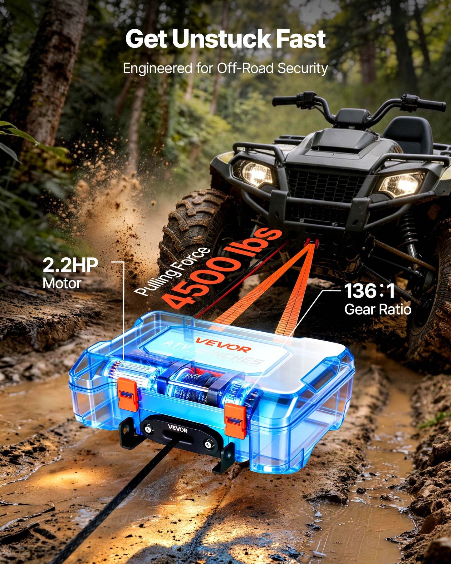 Portable Winch, 2041 kg 12V DC Electric Winch with Synthetic Rope, Wireless & Wired Remotes, Box-Style Recovery Kit with Fairlead, Clevis Hook, Strap for ATV UTV Off-Road Outdoor Pulling Tasks