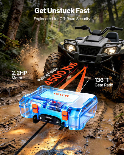 Portable Winch, 2041 kg 12V DC Electric Winch with Synthetic Rope, Wireless & Wired Remotes, Box-Style Recovery Kit with Fairlead, Clevis Hook, Strap for ATV UTV Off-Road Outdoor Pulling Tasks