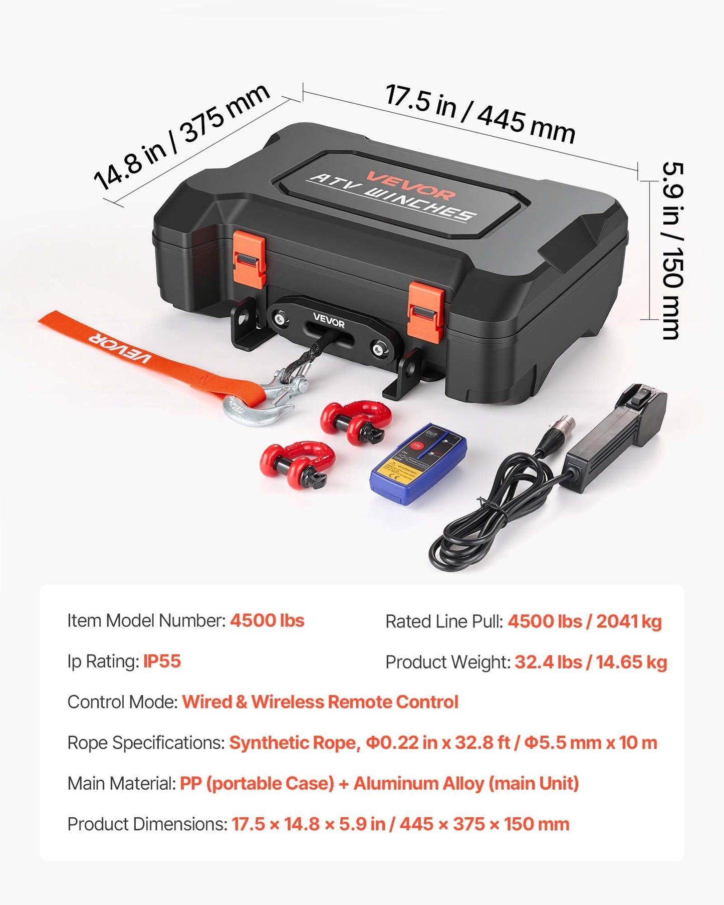 Portable Winch, 2041 kg 12V DC Electric Winch with Synthetic Rope, Wireless & Wired Remotes, Box-Style Recovery Kit with Fairlead, Clevis Hook, Strap for ATV UTV Off-Road Outdoor Pulling Tasks