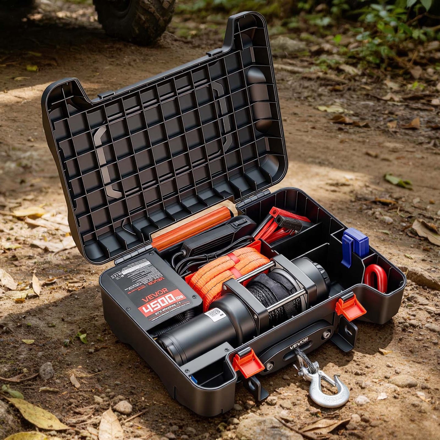 Portable Winch, 2041 kg 12V DC Electric Winch with Synthetic Rope, Wireless & Wired Remotes, Box-Style Recovery Kit with Fairlead, Clevis Hook, Strap for ATV UTV Off-Road Outdoor Pulling Tasks