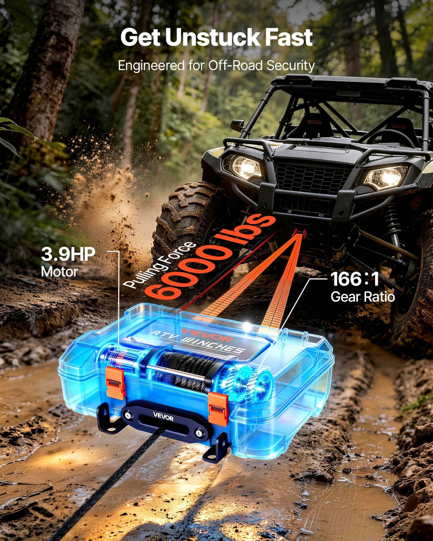 Portable Winch, 2721 kg 12V DC Electric Winch with Synthetic Rope, Wireless & Wired Remotes, Box-Style Recovery Kit with Fairlead, Clevis Hook, Strap for ATV UTV Off-Road Outdoor Pulling Tasks