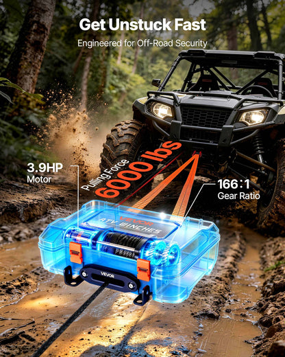 Portable Winch, 2721 kg 12V DC Electric Winch with Synthetic Rope, Wireless & Wired Remotes, Box-Style Recovery Kit with Fairlead, Clevis Hook, Strap for ATV UTV Off-Road Outdoor Pulling Tasks