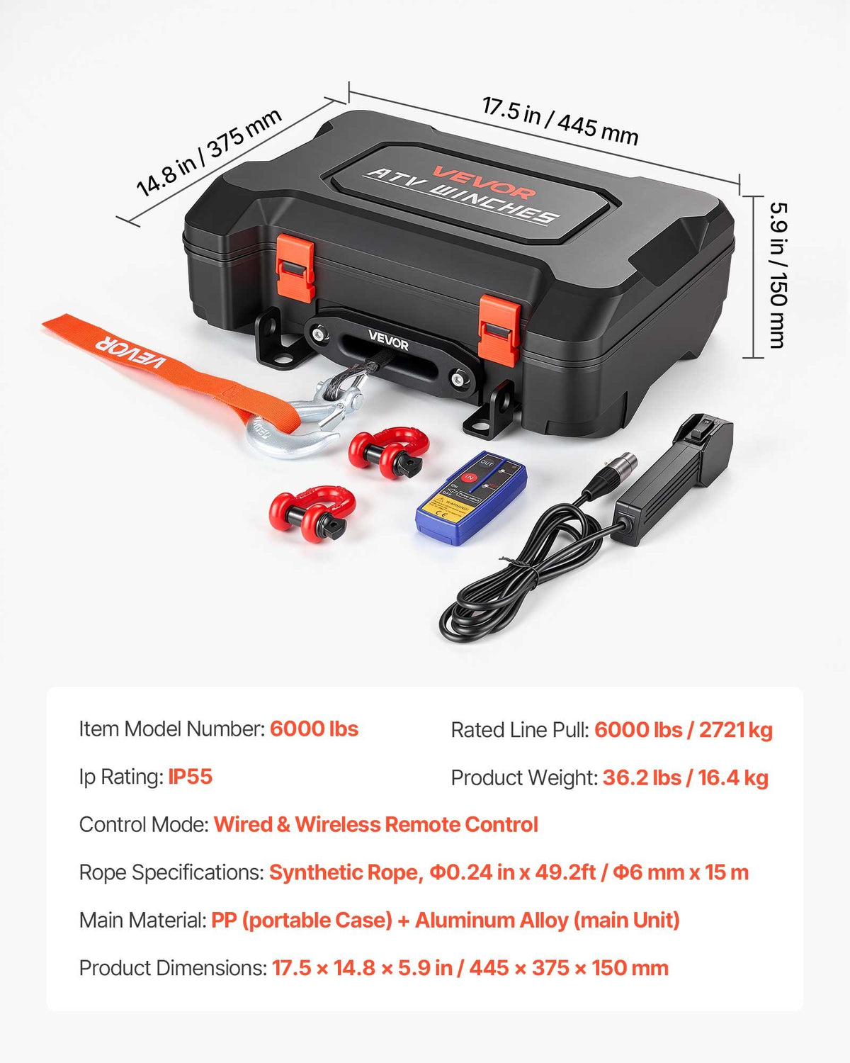 Portable Winch, 2721 kg 12V DC Electric Winch with Synthetic Rope, Wireless & Wired Remotes, Box-Style Recovery Kit with Fairlead, Clevis Hook, Strap for ATV UTV Off-Road Outdoor Pulling Tasks