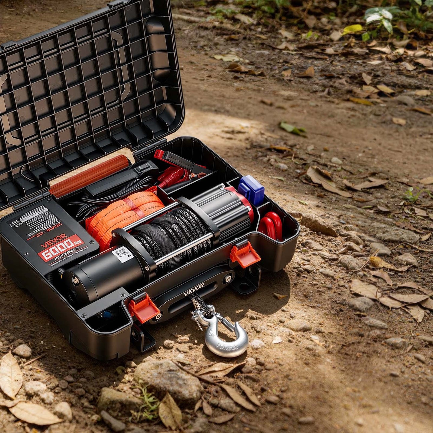 Portable Winch, 2721 kg 12V DC Electric Winch with Synthetic Rope, Wireless & Wired Remotes, Box-Style Recovery Kit with Fairlead, Clevis Hook, Strap for ATV UTV Off-Road Outdoor Pulling Tasks