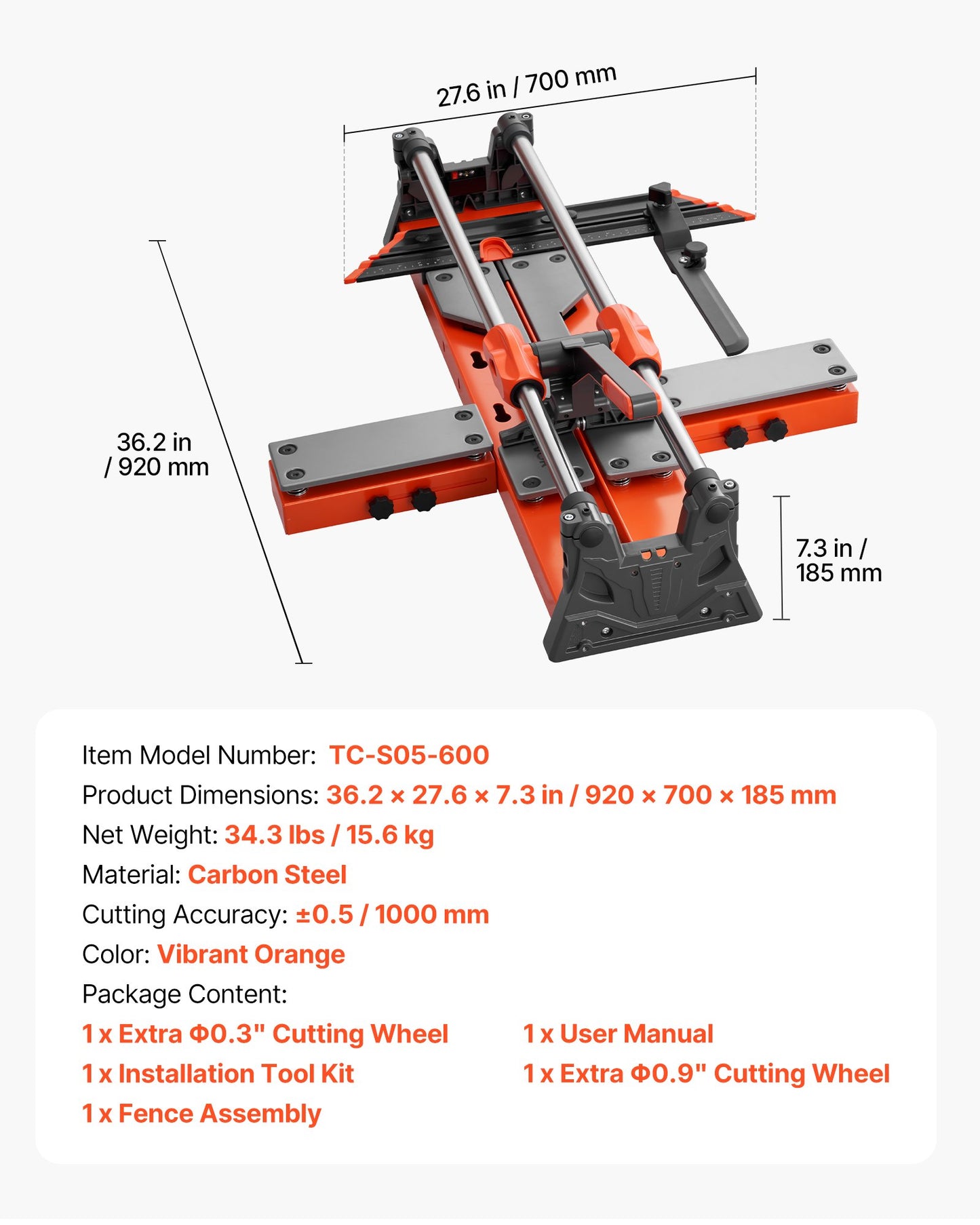 600 mm Manual Tile Cutter, Upgraded Sliding Head Cutting Tool with Spring-Loaded Base, Angle Fence, Tungsten Carbide Cutting Wheel, Alignment Guide, for DIY Pros, Ceramic, Floor & Wall Tiles