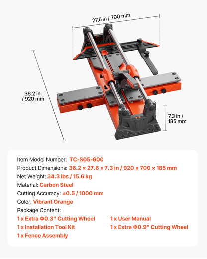 600 mm Manual Tile Cutter, Upgraded Sliding Head Cutting Tool with Spring-Loaded Base, Angle Fence, Tungsten Carbide Cutting Wheel, Alignment Guide, for DIY Pros, Ceramic, Floor & Wall Tiles