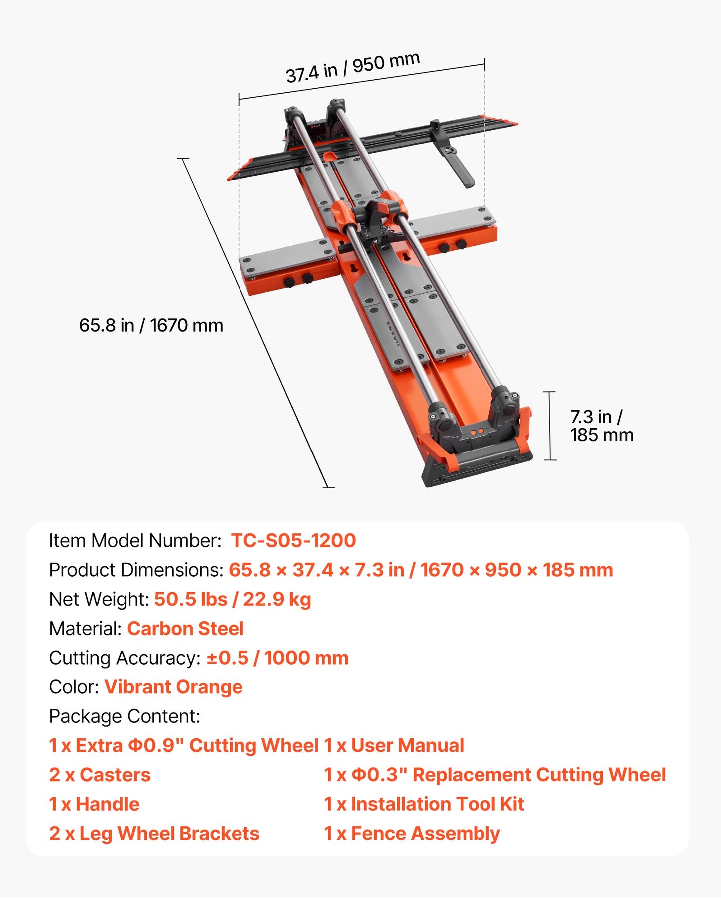 1200 mm Manual Tile Cutter, Upgraded Sliding Head Cutting Tool with Spring-Loaded Base, Angle Fence, Tungsten Carbide Cutting Wheel, Alignment Guide, for DIY Pros, Ceramic, Floor & Wall Tiles