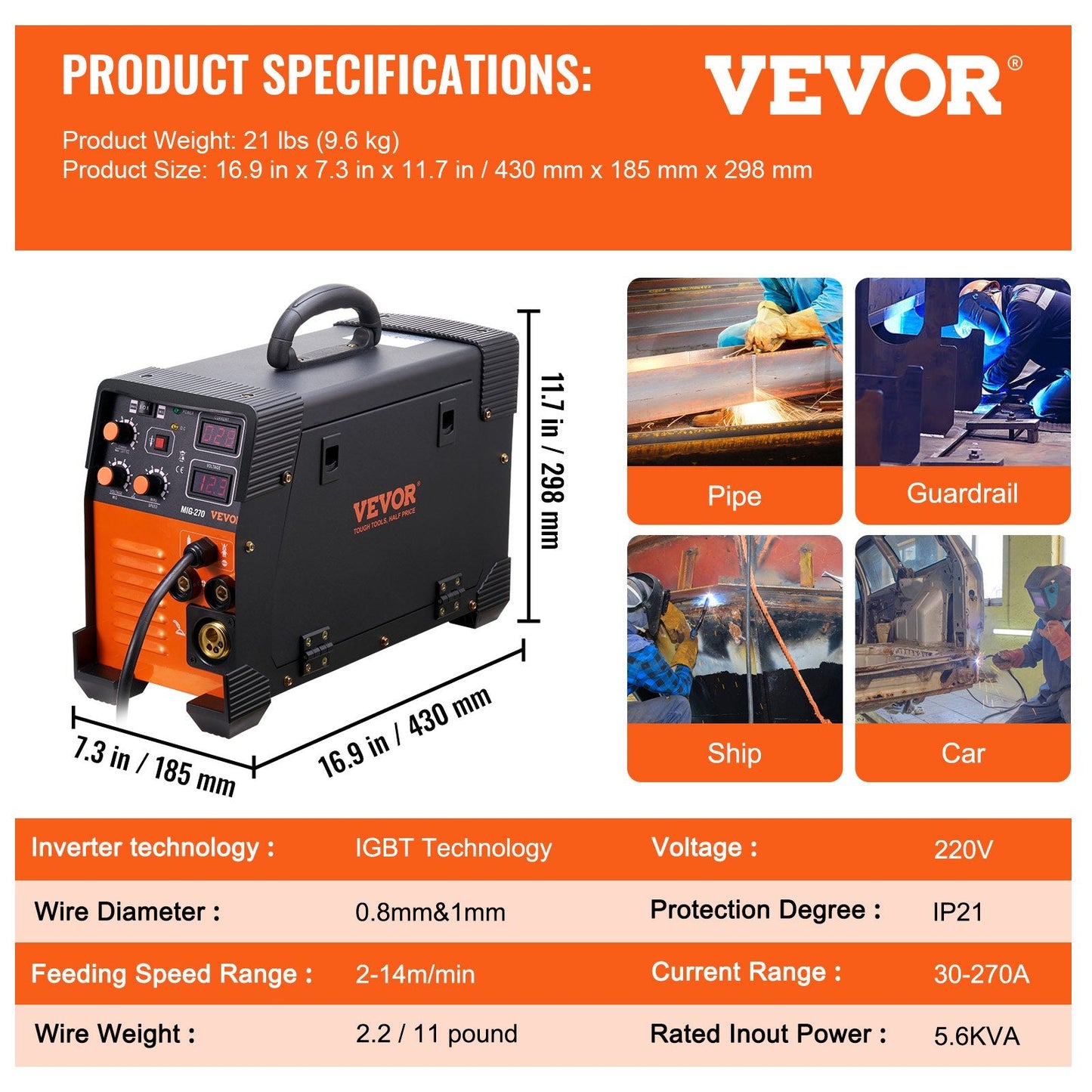 3-in-1 MIG-270 Welding Machine with Digital Display & Built-in Protection