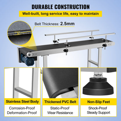 Industrial PVC Belt Conveyor, 1.5m Length, 0.2m Width, Adjustable Speed & Guardrail