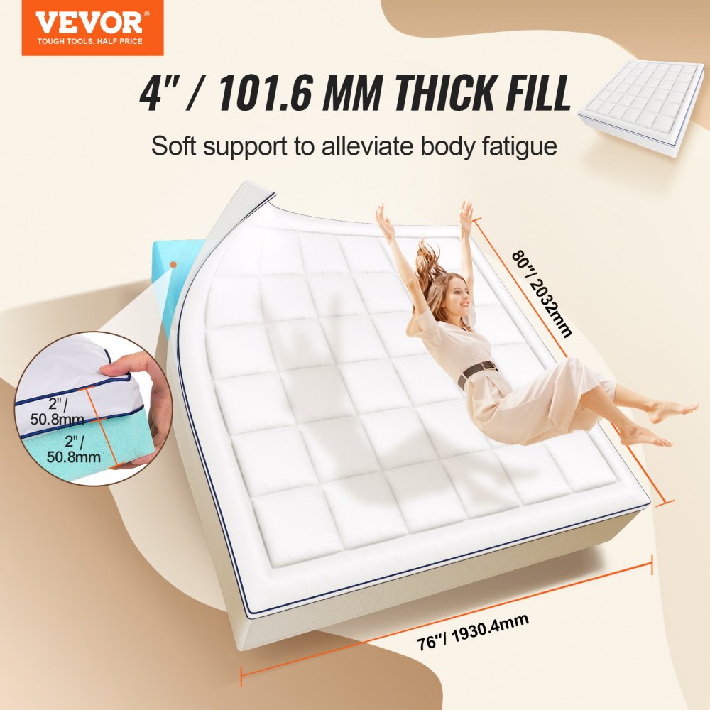VEVOR Mattress Topper Premium Memory Foam Fiber Fill King 101.6 mm Thickness
