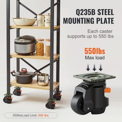 Set of 4 Heavy Duty Leveling Casters, 1000 kg Capacity, 63.5 mm Diameter
