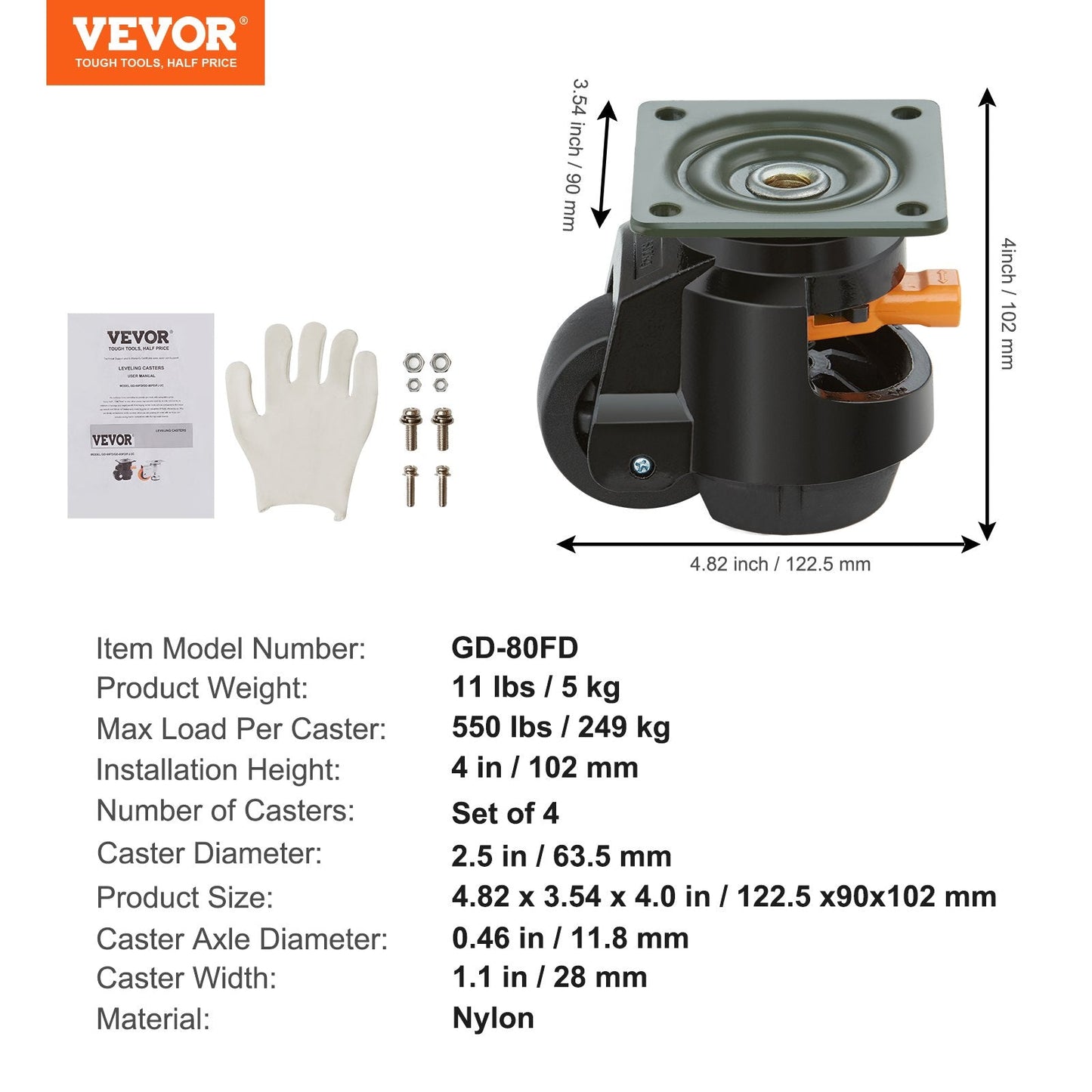 Set of 4 Heavy Duty Leveling Casters, 1000 kg Capacity, 63.5 mm Diameter
