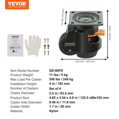 Set of 4 Heavy Duty Leveling Casters, 1000 kg Capacity, 63.5 mm Diameter