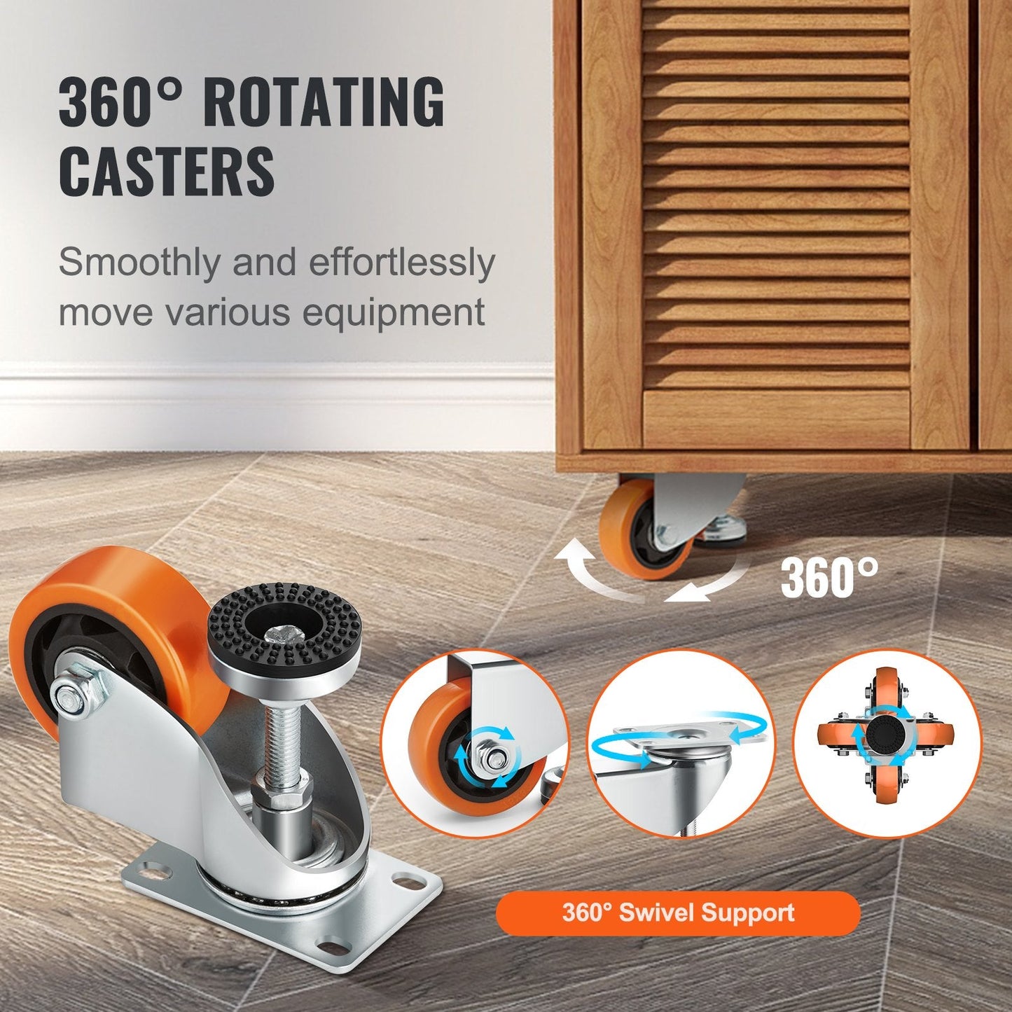 Leveling Casters Set of 4, 328 kg Load, 76 mm Diameter, Adjustable Wheels
