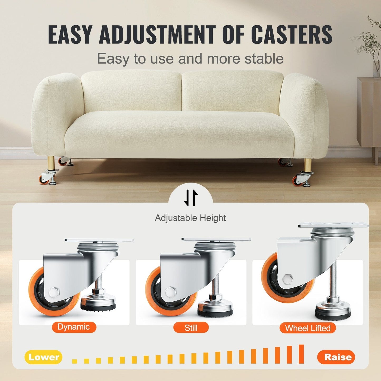 Leveling Casters Set of 4, 328 kg Load, 76 mm Diameter, Adjustable Wheels