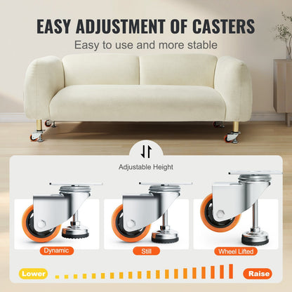 Leveling Casters Set of 4, 328 kg Load, 76 mm Diameter, Adjustable Wheels