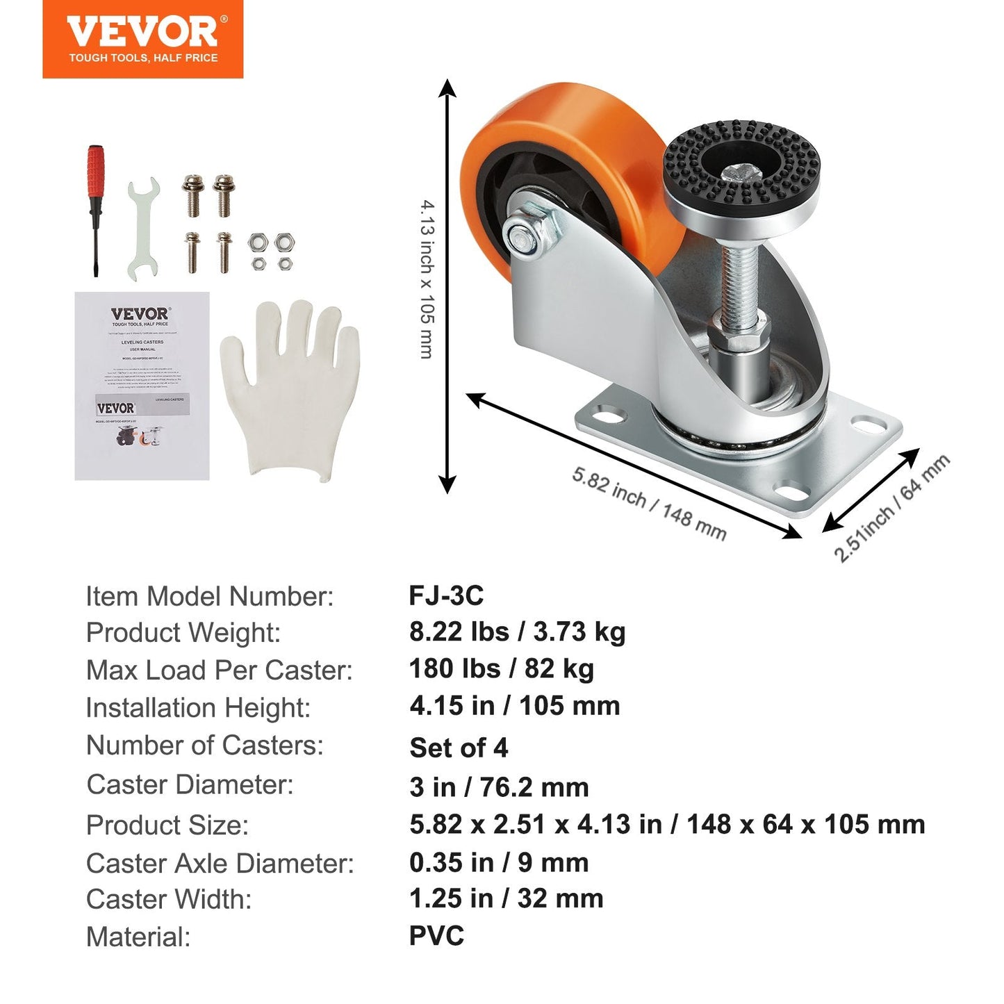 Leveling Casters Set of 4, 328 kg Load, 76 mm Diameter, Adjustable Wheels