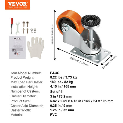 Leveling Casters Set of 4, 328 kg Load, 76 mm Diameter, Adjustable Wheels