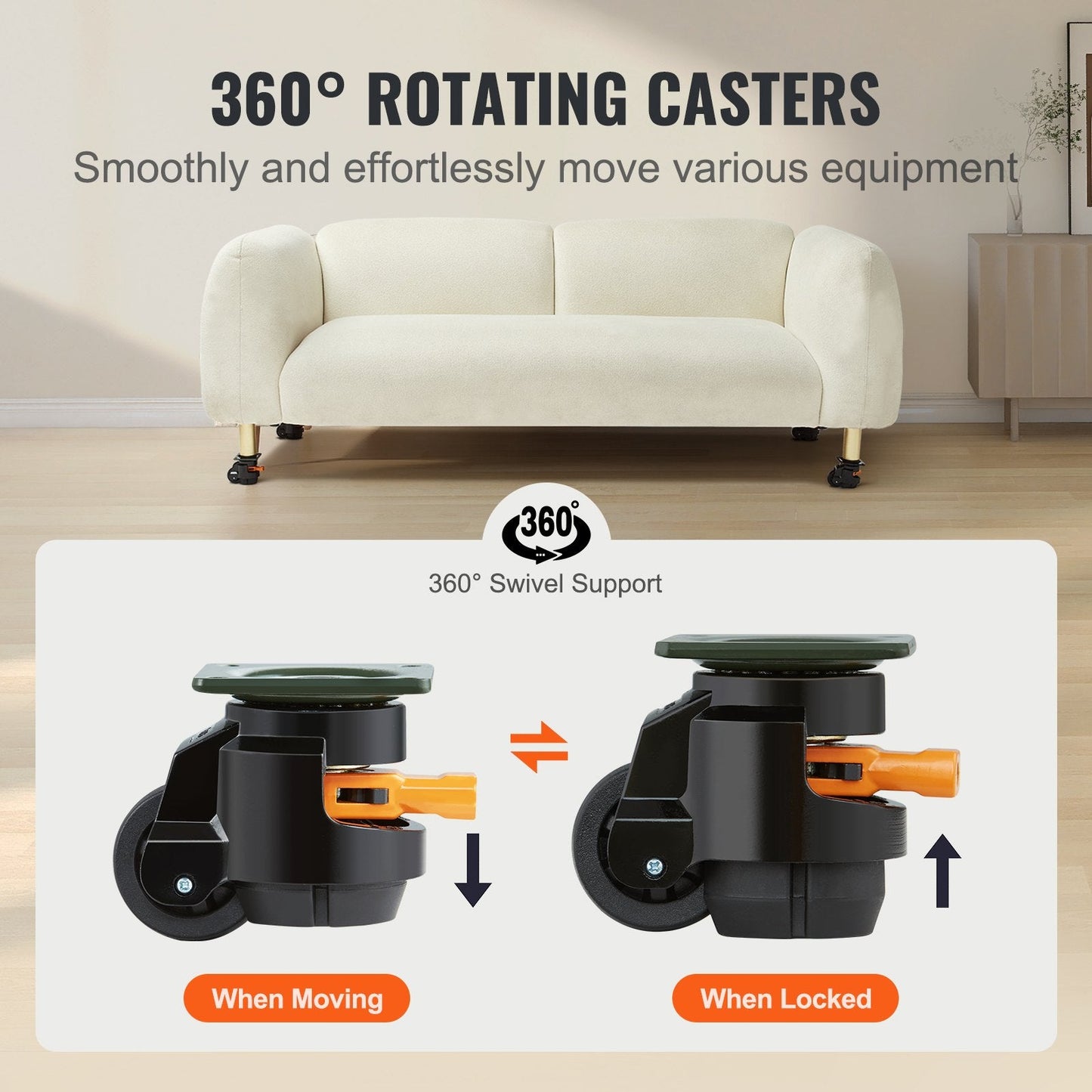 Heavy-Duty Adjustable Leveling Casters, 500 kg Capacity, Set of 4, 0.05 m Wheels