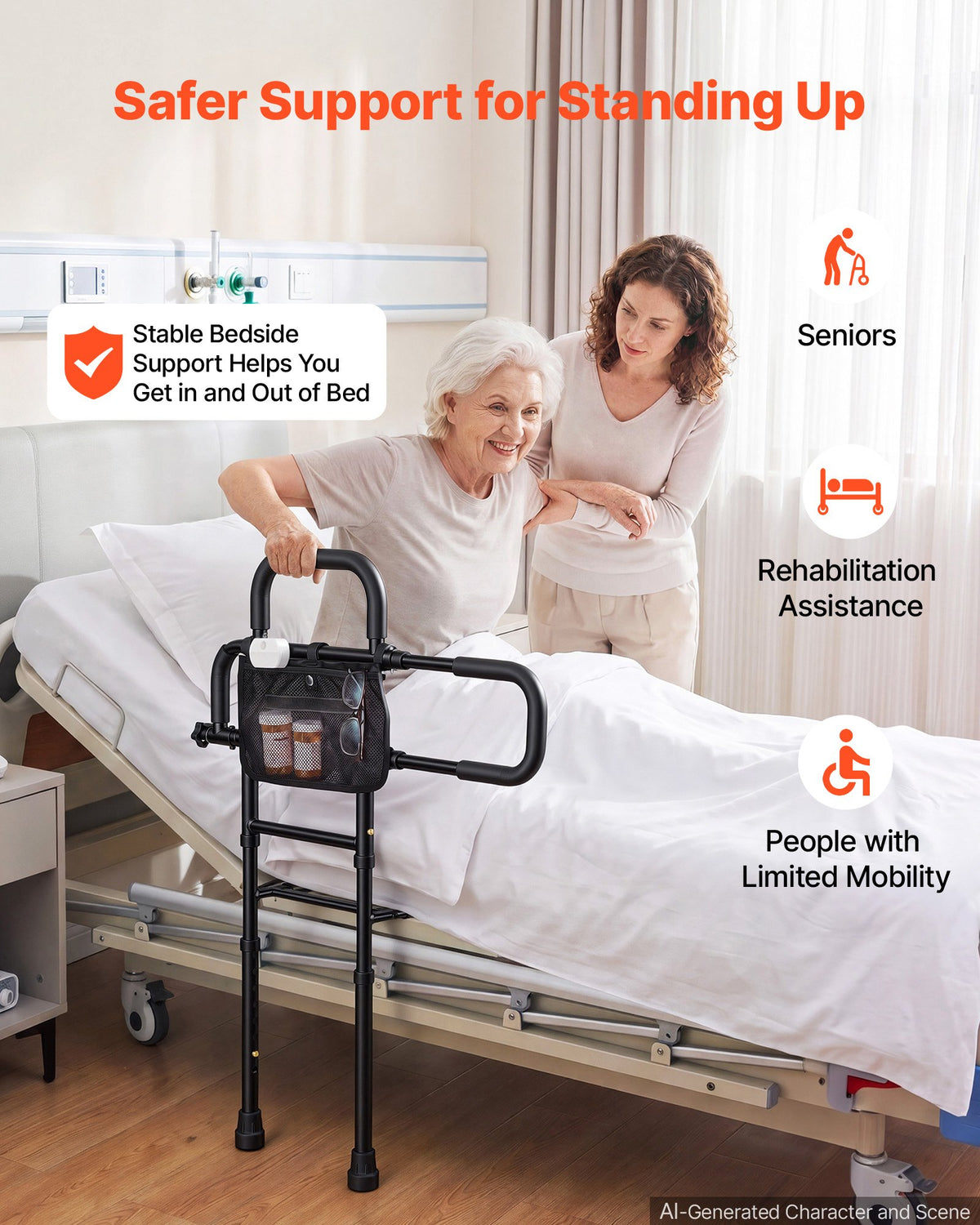 Bed Rails for Elderly Adults Bed Side Assist Rail with Floor Support, Motion Sensor LED Light, 136kg Dual-Handle Support, Adjustable Handle Length, Storage Pocket, Fits King Queen Full Twin Bed