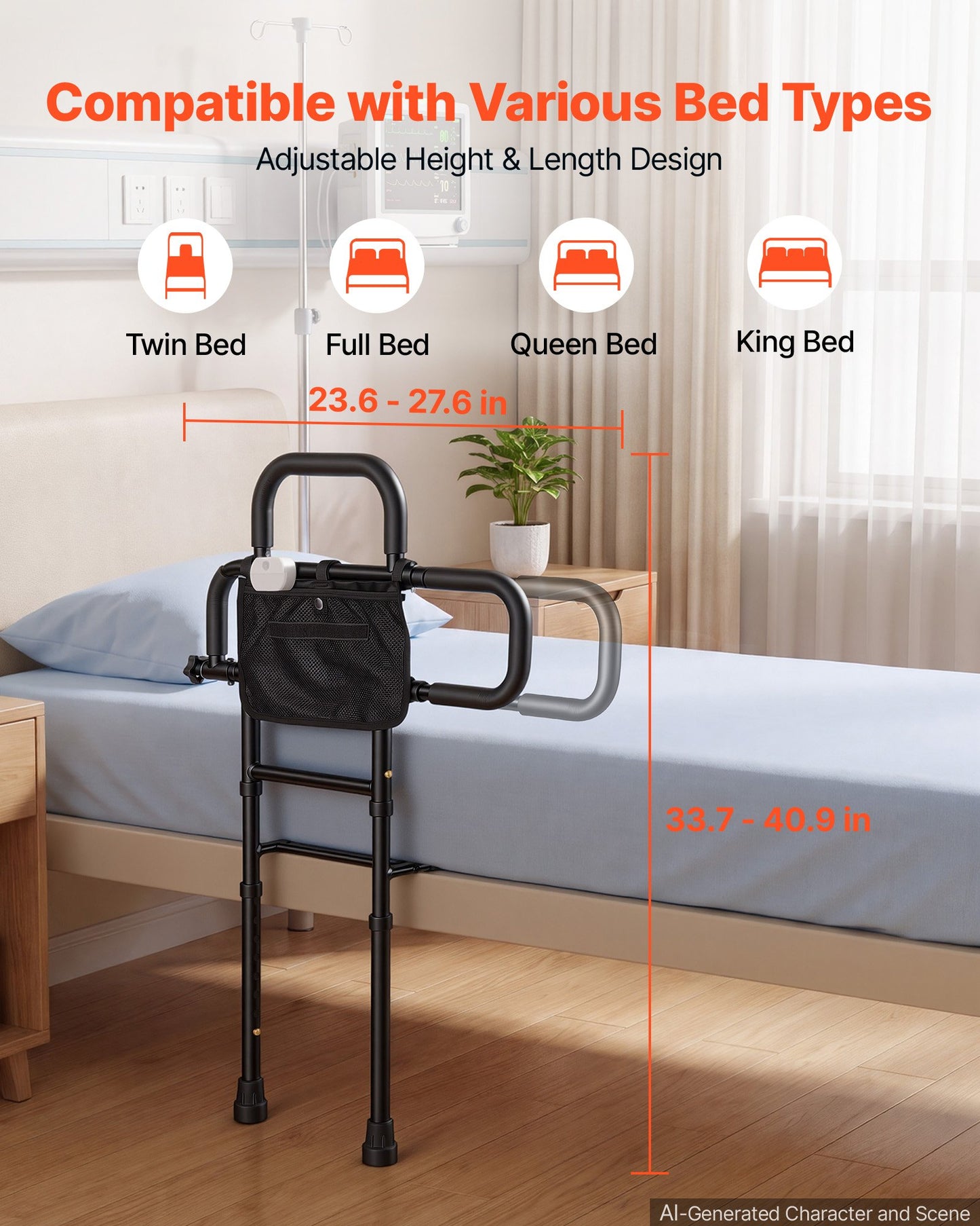 Bed Rails for Elderly Adults Bed Side Assist Rail with Floor Support, Motion Sensor LED Light, 136kg Dual-Handle Support, Adjustable Handle Length, Storage Pocket, Fits King Queen Full Twin Bed